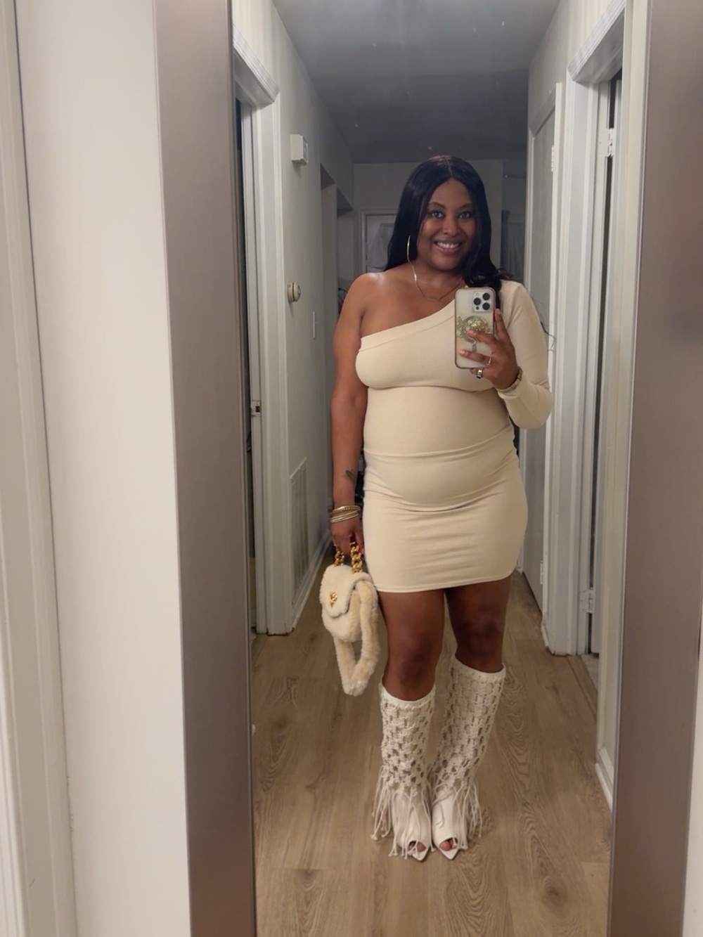 Fashion Nova One-Shoulder Ribbed Bodycon Dress in Light Beige